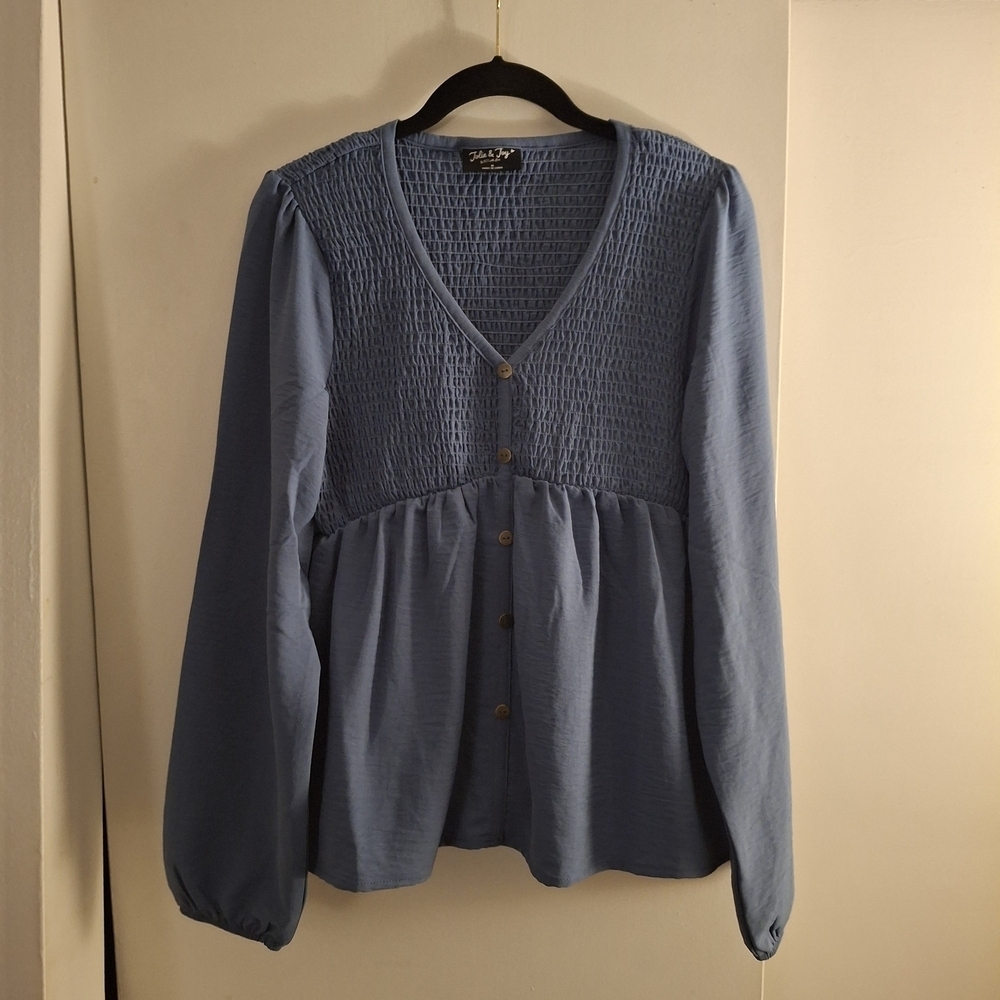 Jolie & Joy Women's Elegant Blue V-Neck Blouse With Button Detail